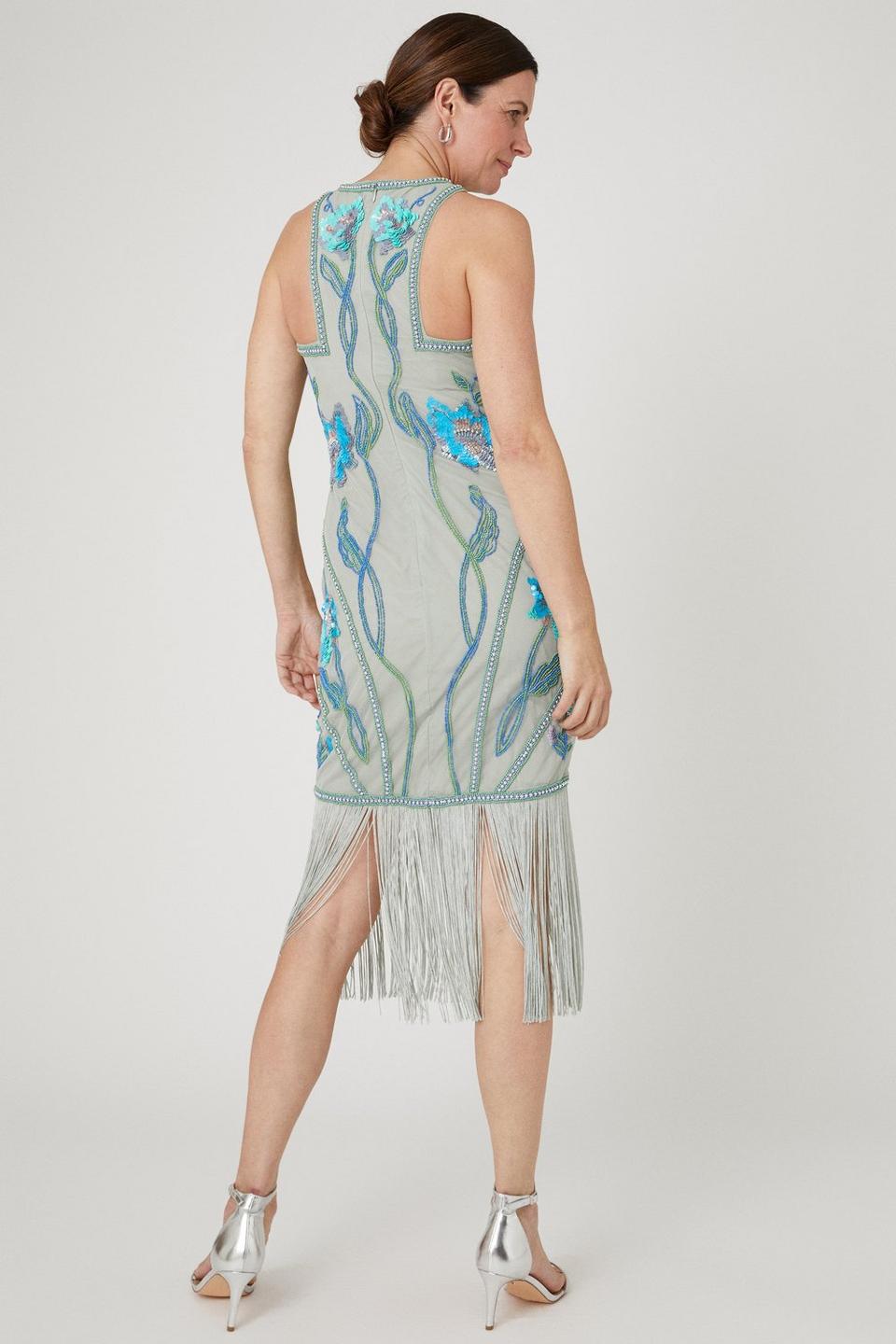 Dresses | Alexandra Farmer Hand Embellished Midi Dress With Ombre Frin
